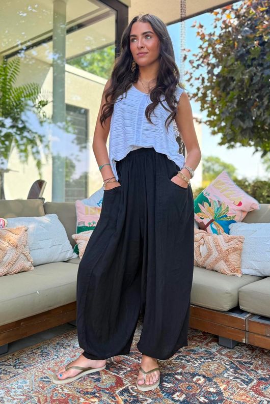 Sandbar Linen Blend Bloom Barrel Pant Black